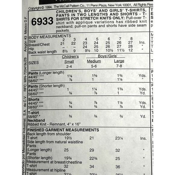 McCalls 6933 Sewing pattern Kids tshirt pants shorts size 5 6 - Picture 4 of 7